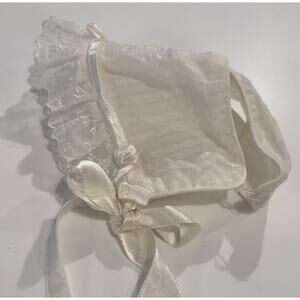 Vintage Baby Bonnet Ivory Lace Ruffle Silk Ties Victorian Christening S&L sz 12